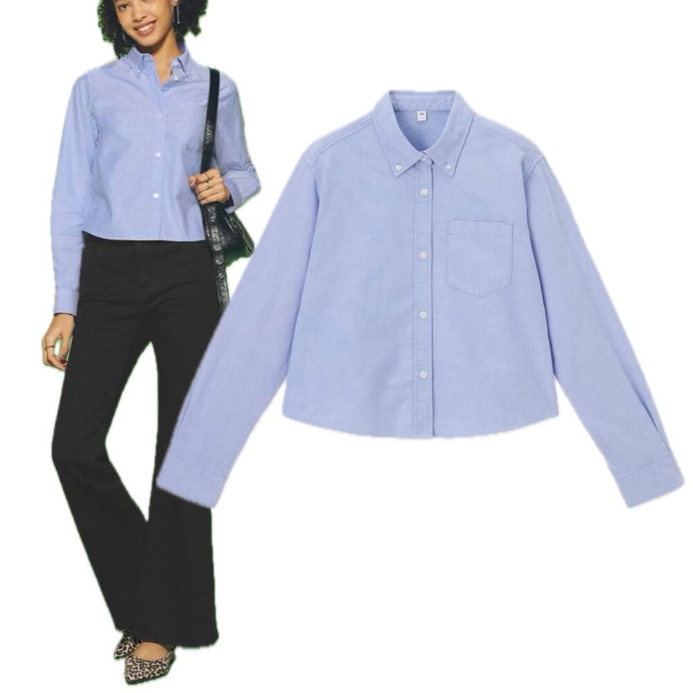GU Oxford Cotton Long Sleeve Button-Up Cropped Shirt (Blue)